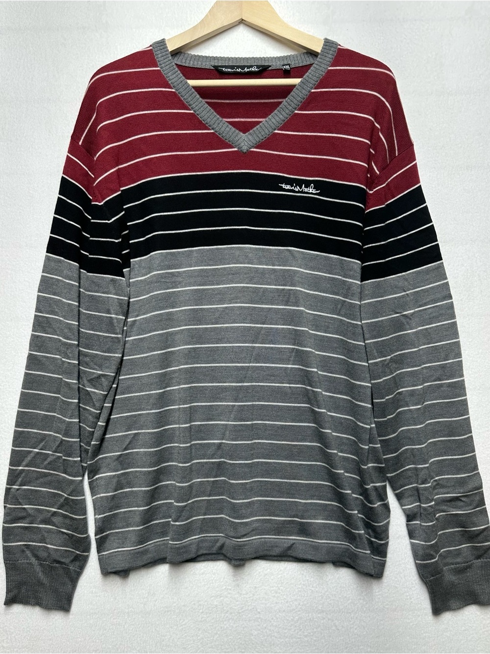 TravisMathew XXL Merino Wool Blend Sweater – Striped V‑Neck Pullover EUC